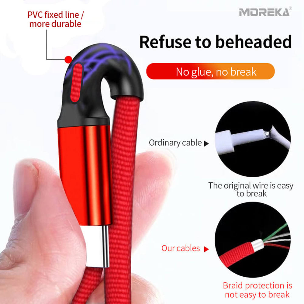 Cable 3 en 1 Moreka CB-25, 3.1 A y Datos, 1.2 M, Lightning, Tipo C, V88