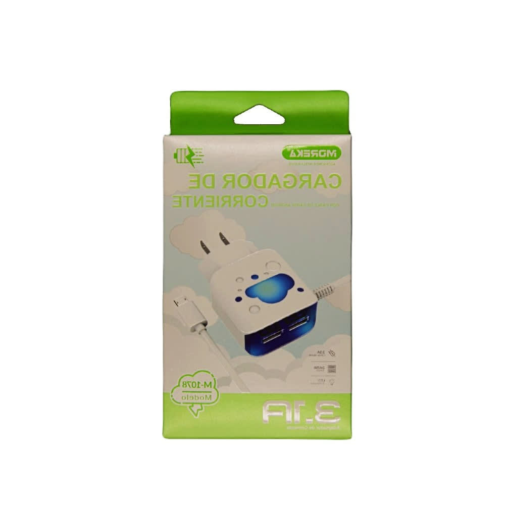 Cargador Moreka M-1078, 3.1 A, 2 Usb Cable Tipo C, Led5
