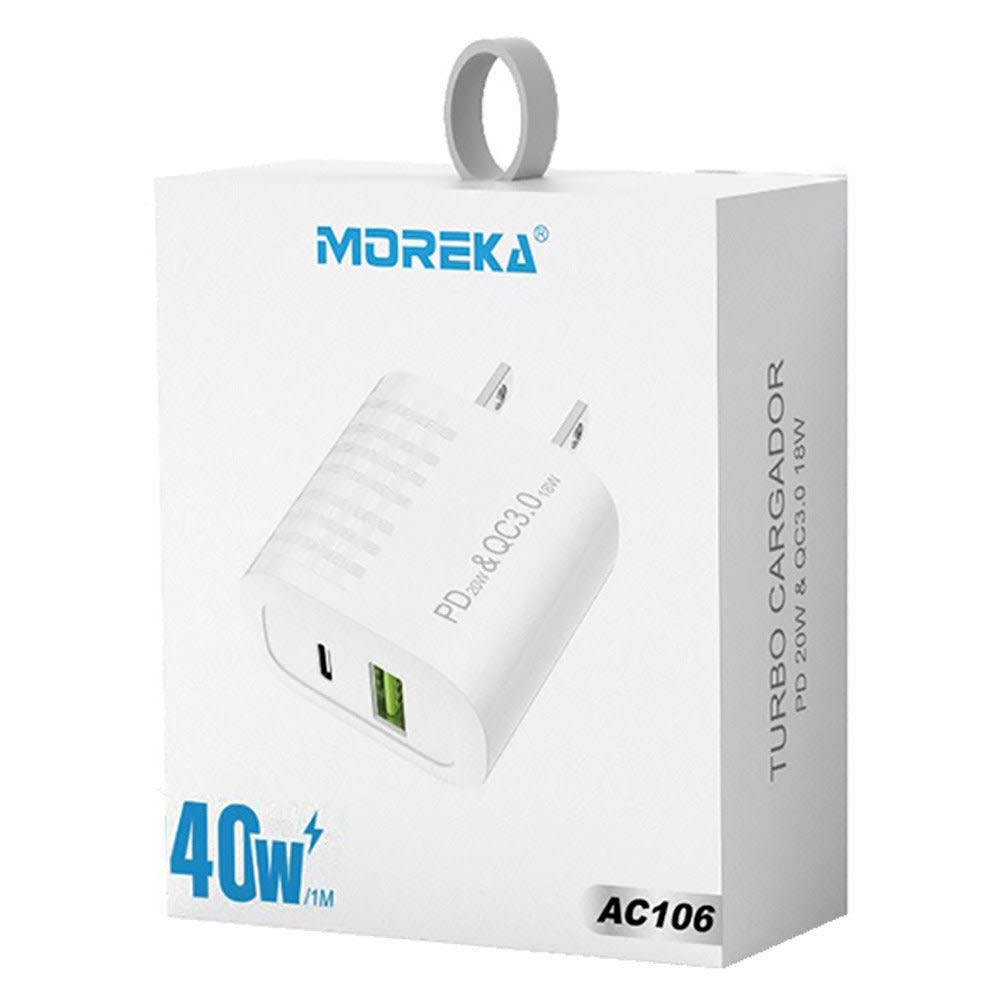 Cargador 40W Moreka AC106 Cubo Carga Rapída 2 Salidas USB y C2