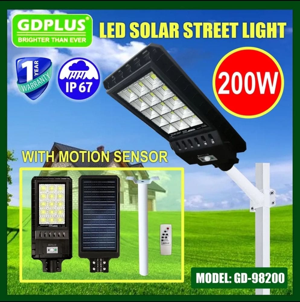 Luminaria Suburbana Alumbrado Publico Solar 200W con Sensor Movimiento GD-982007