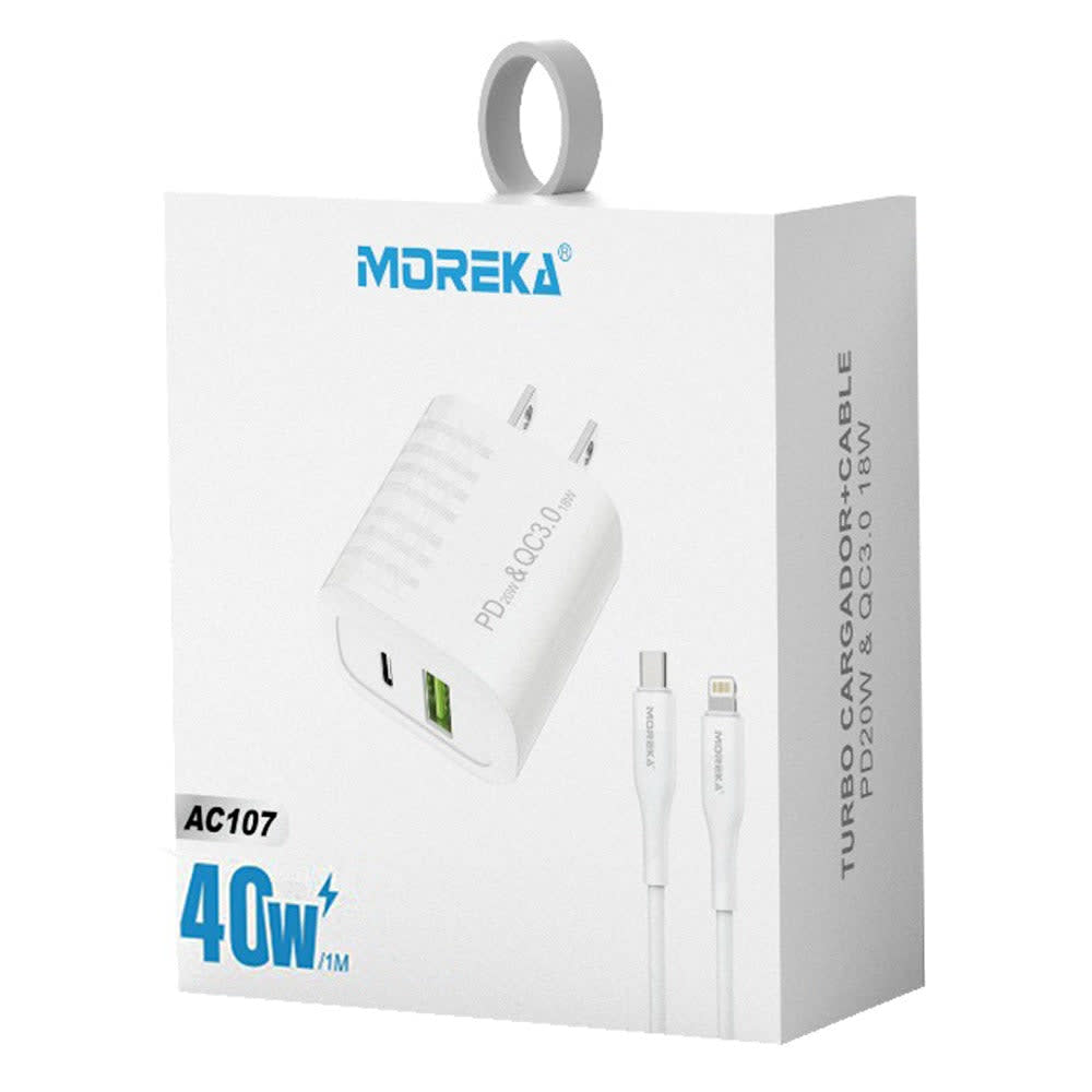Turbo Cargador Moreka AC107 40W 2 salidas USB y C Cable tipo IP 1M2