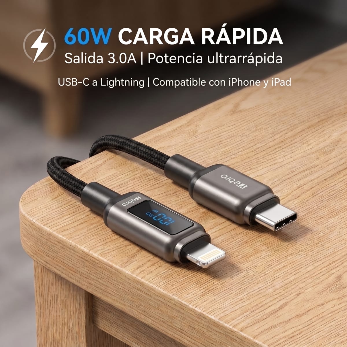 Cable Nebro WD-309TL USB-C a Lightning 60W Trenzado 1.2m3