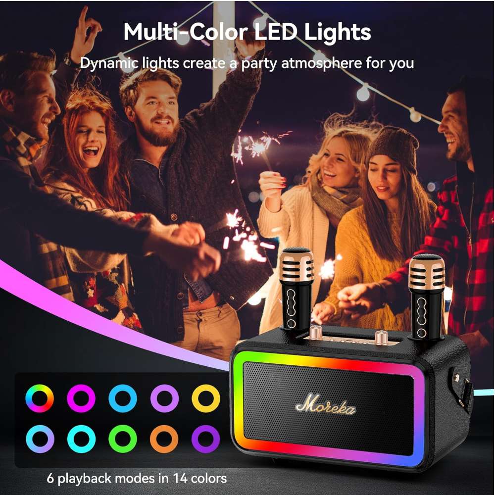 Bocina Karaoke Bluetooth  FM dual microfonos RGB Moreka 393+3