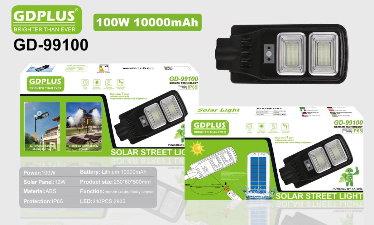 Luminaria Suburbana Alumbrado Publico Solar 100W con Sensor Movimiento GD-991004
