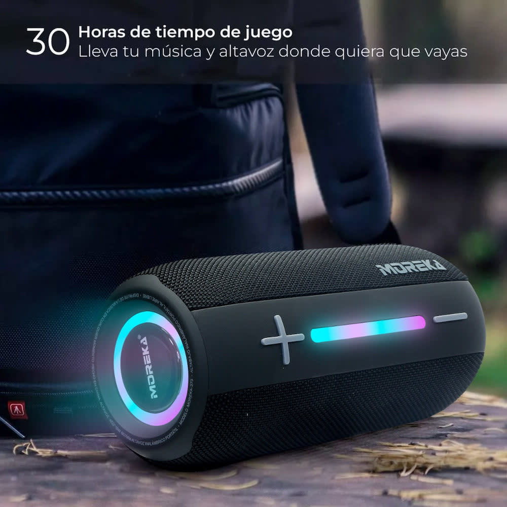 Bocina Bluetooth Moreka 373  Resistente al agua IPX6, Radio FM, USB, Micro SD10