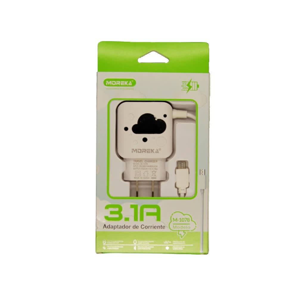 Cargador Moreka M-1078, 3.1 A, 2 Usb Cable Tipo C, Led6