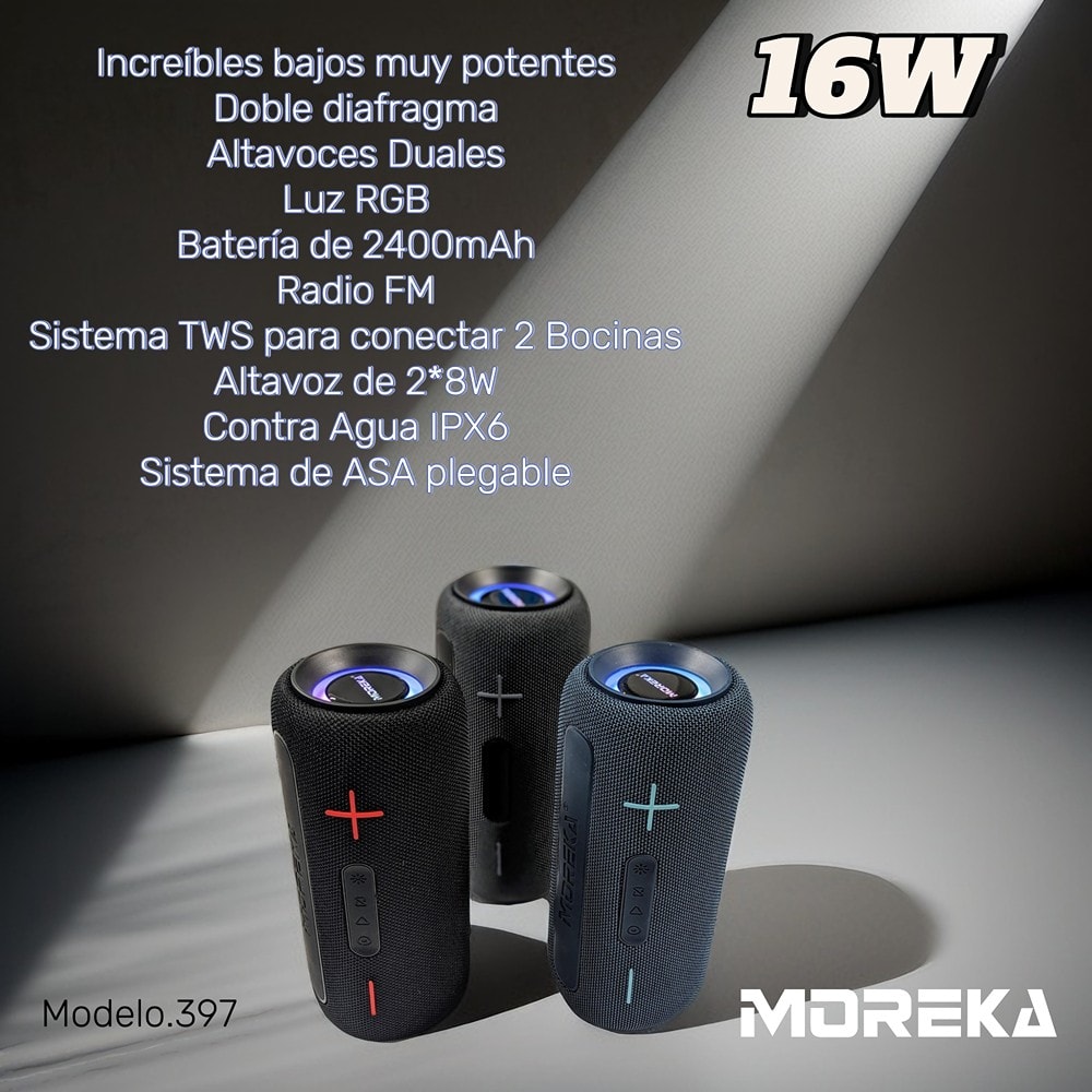Bocina Moreka 397 16W, Bluetooth, TF Card, Radio FM, USB Contra Agua IPX611