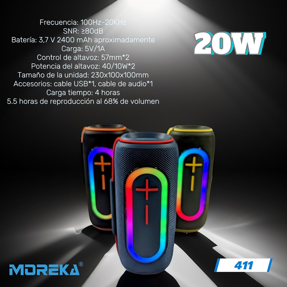 Bocina  Moreka 411 20W, Bluetooth, TF Card, Radio FM, USB Contra Agua IPX610
