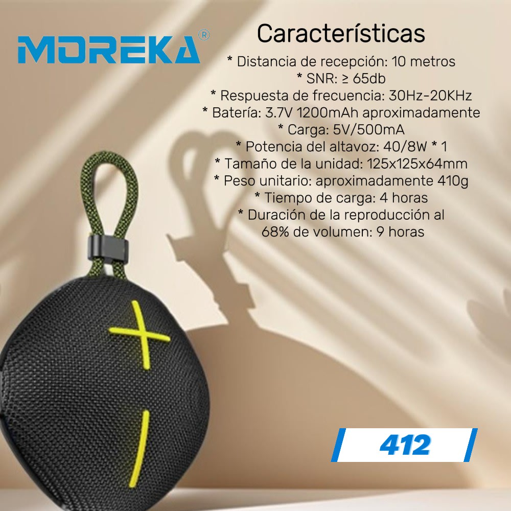 Bocina Moreka 412 8W, Bluetooth, TF Card, Radio FM, USB Contra Agua IPX63