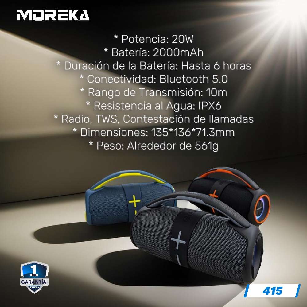 Bocina Bluetooth 20W 2400mAh resistente al agua subwoofer Moreka 4153