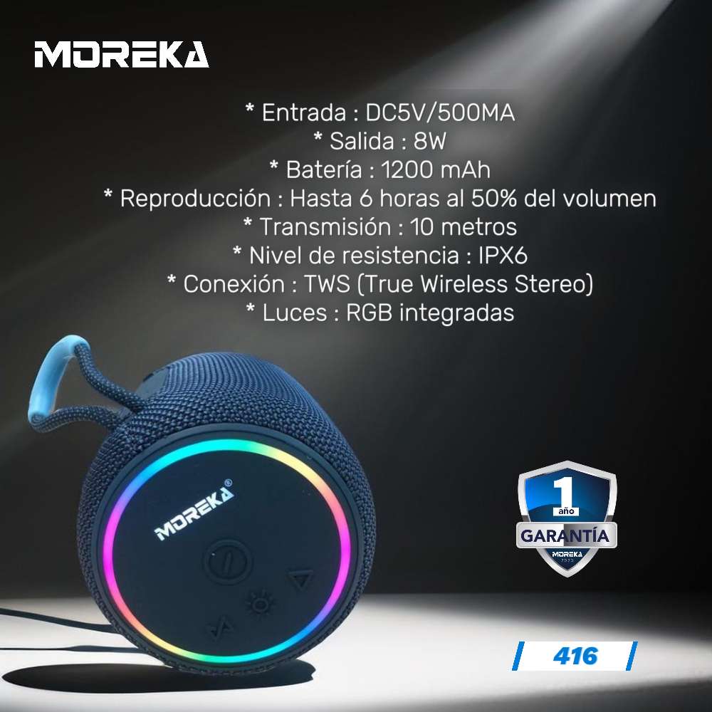 Bocina Moreka 416 8W 1200mAh Bluetooth, TF Card, Radio FM, USB Contra Agua IPX63