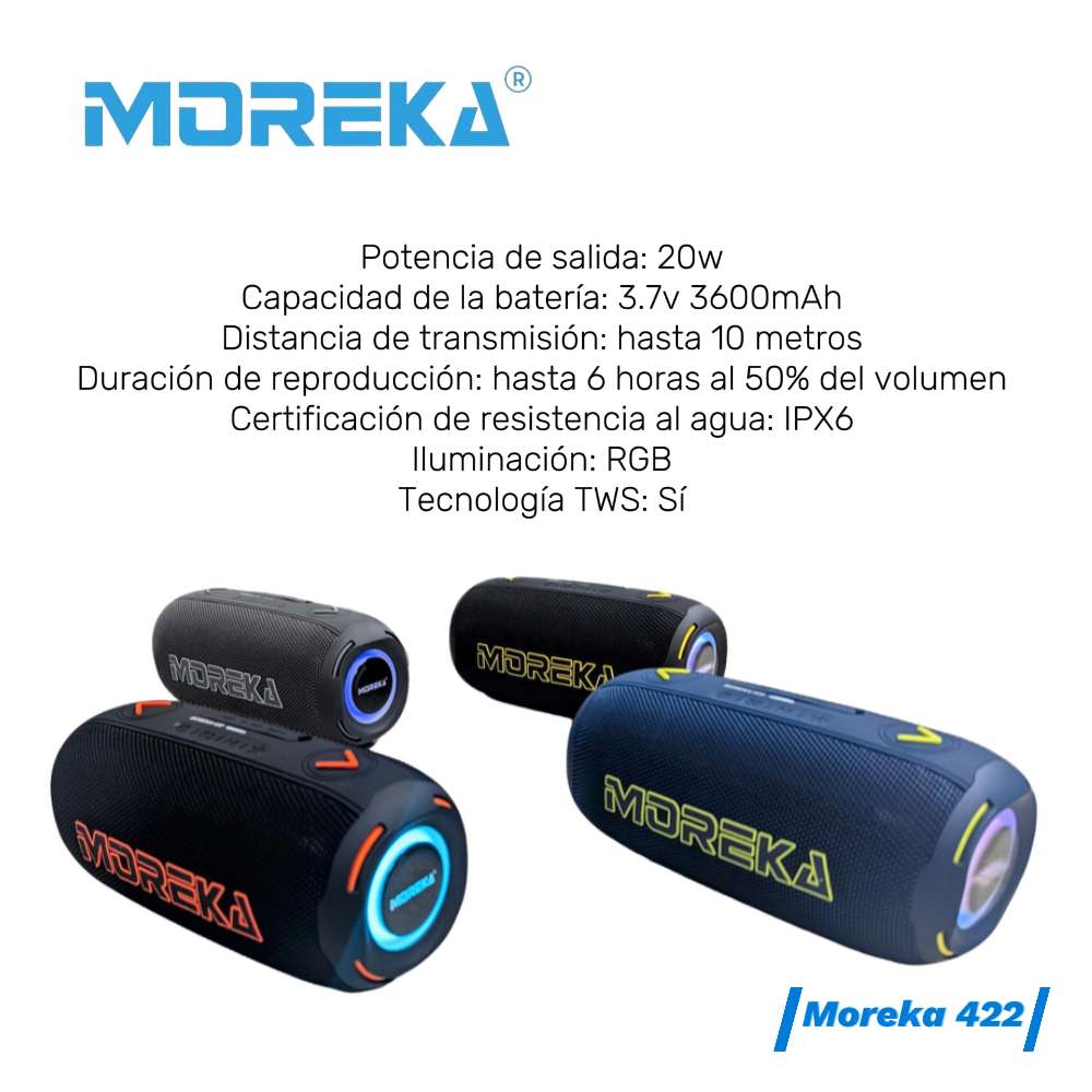 Bocina Moreka 422 20W 3600mAh 5-6 hrs de bateria Bluetooth, Contra Agua IPX65