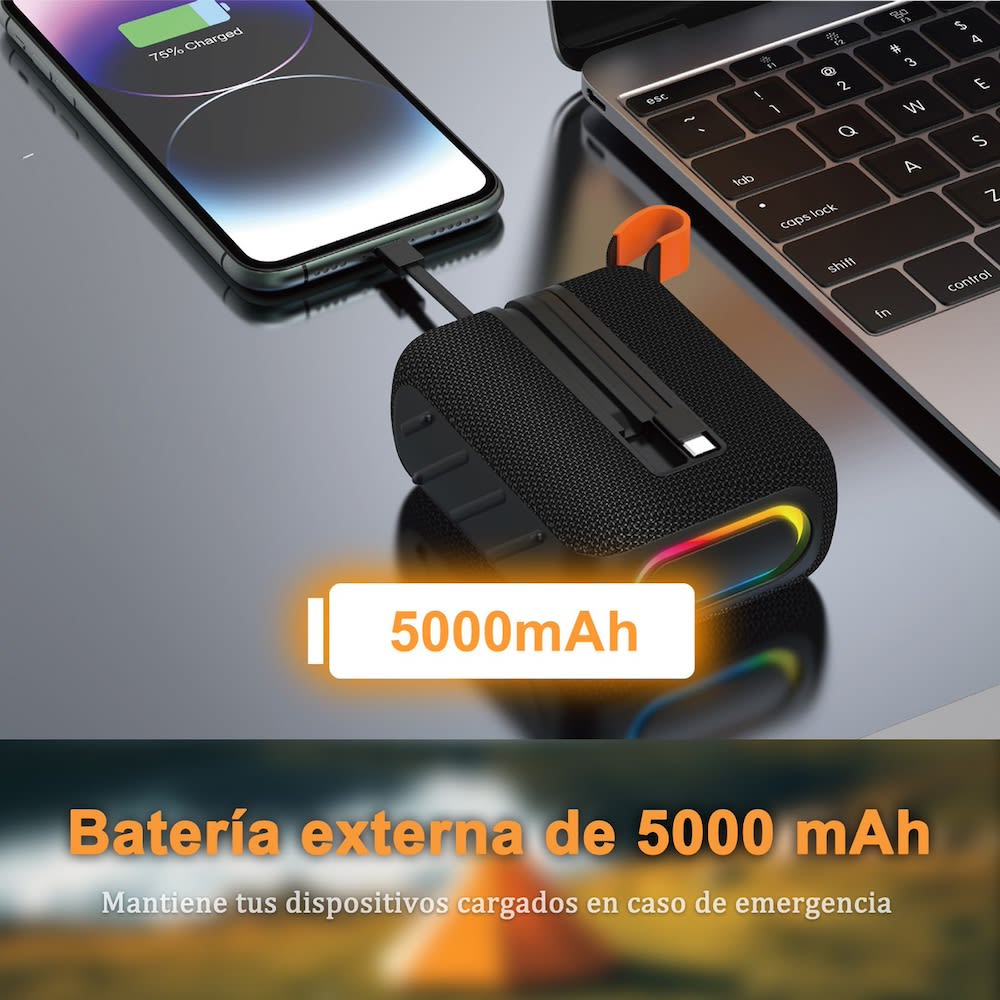 Bocina Power Bank Moreka 428 10W 5000mAh cables tipo IP y C hasta 25 Horas3