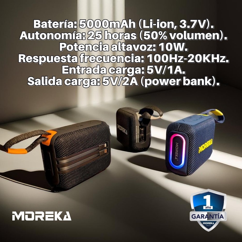Bocina Power Bank Moreka 428 10W 5000mAh cables tipo IP y C hasta 25 Horas6