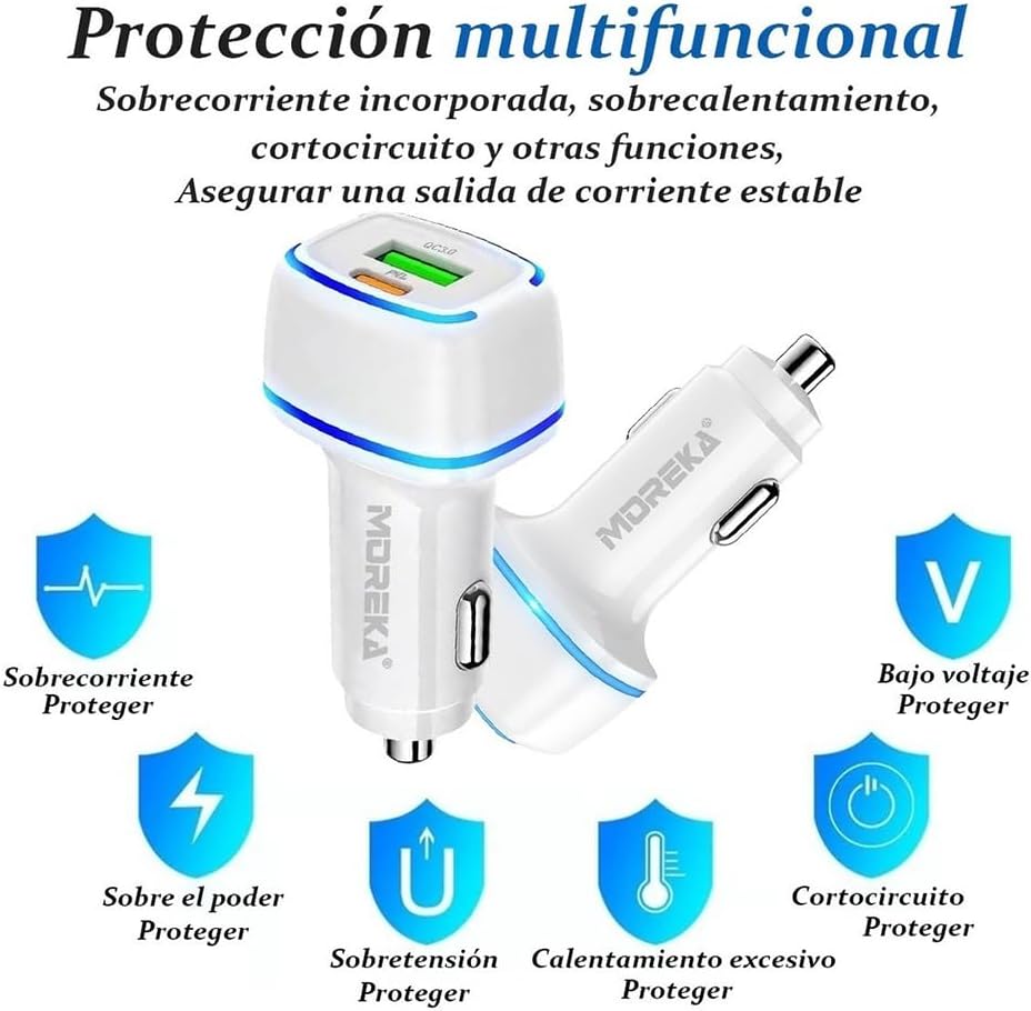 Turbo Cargador De Carro 45W Moreka CP009 Plug In puertos USB y C5