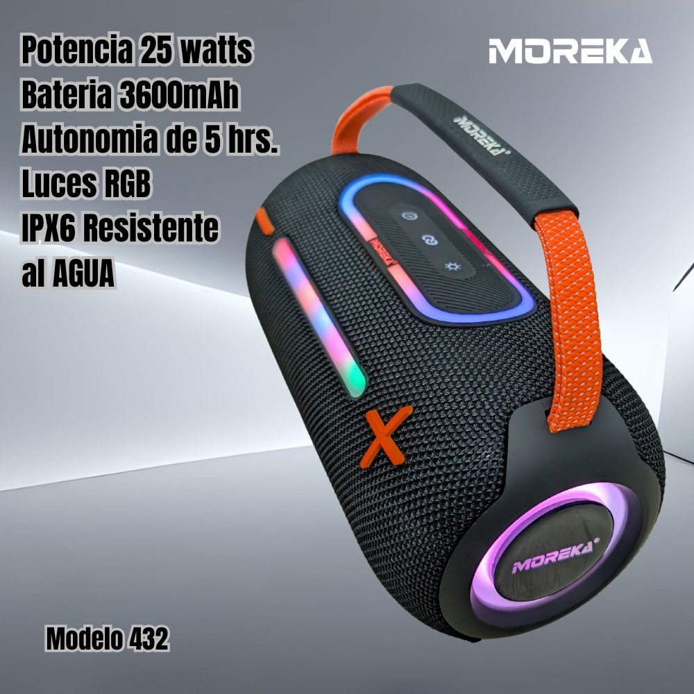 Bocina Moreka 432 25W 3600mAh 4-5 hrs de bateria Bluetooth RGB IPX62