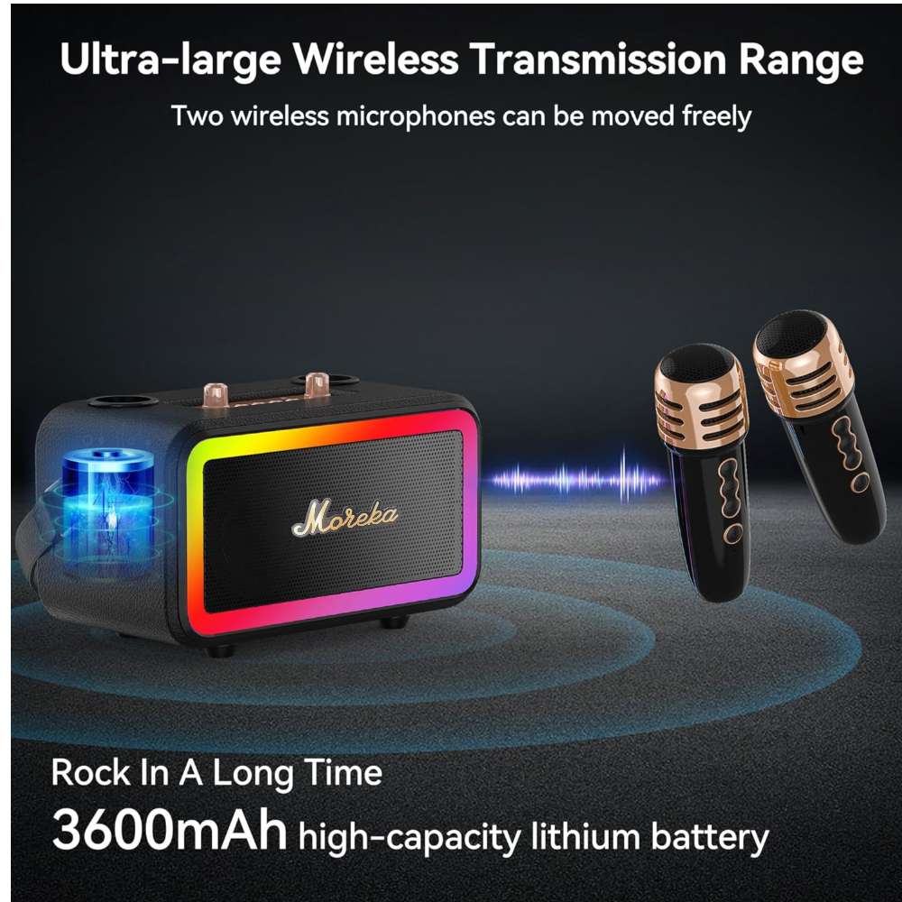 Bocina Karaoke Bluetooth  FM dual microfonos RGB Moreka 393+4