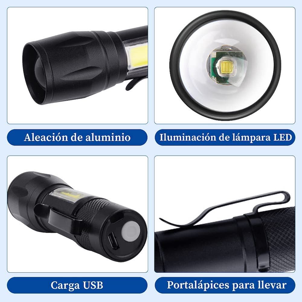 Lampara Táctica Recargable Usb Led 2000l Luz Lateral + Clip Moreka MB-5135