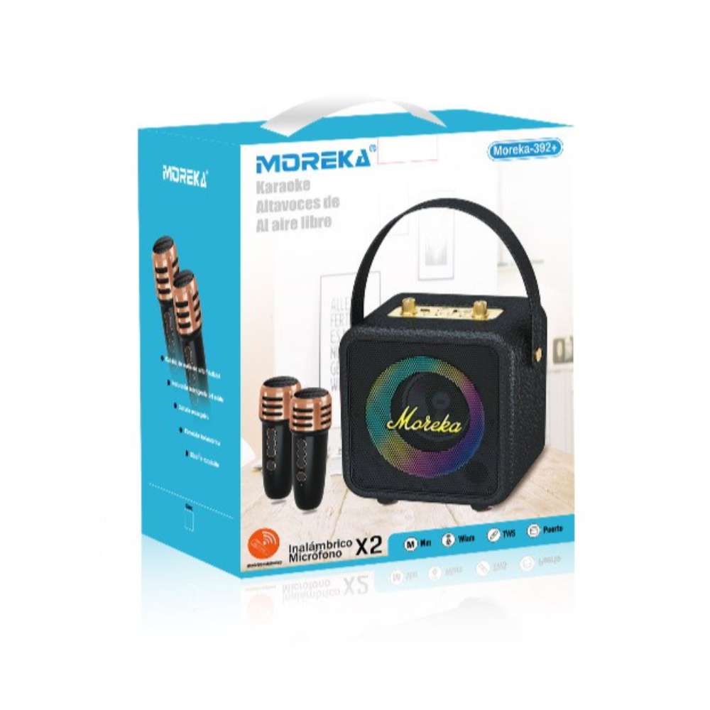 Bocina Karaoke Bluetooth  FM dual microfonos RGB Moreka 392+4