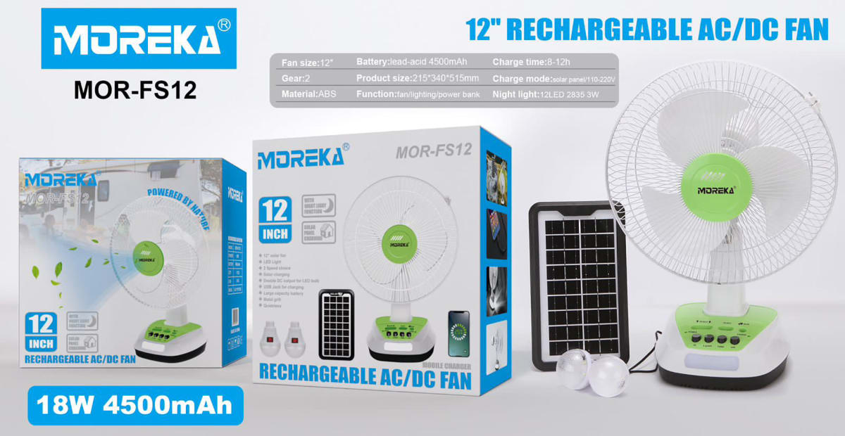 Ventilador 2 Velocidades Led y Panel Solar. MOR-FS124