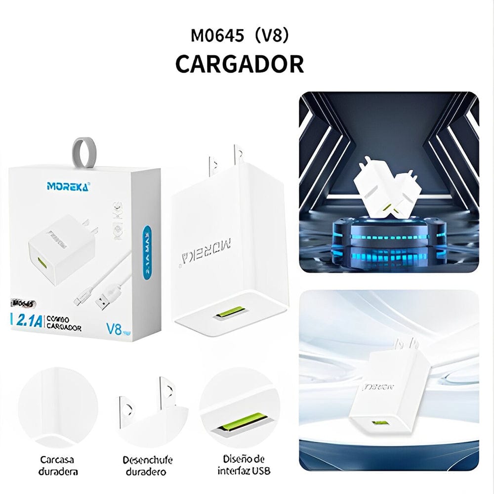 Cargador Micro USB Moreka MR0645 2.1A Usb incluye Cable tipo V84