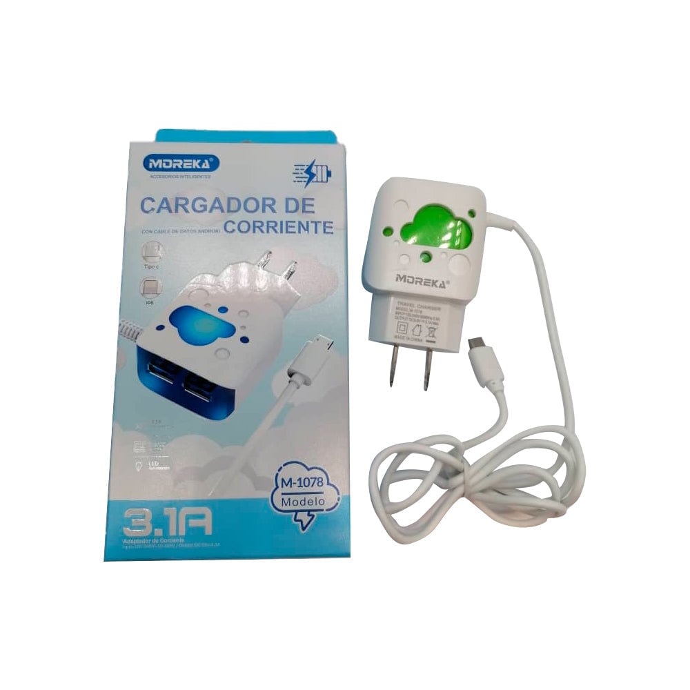 Cargador Moreka M-1078, 3.1 A, 2 Usb Cable Tipo C, Led7
