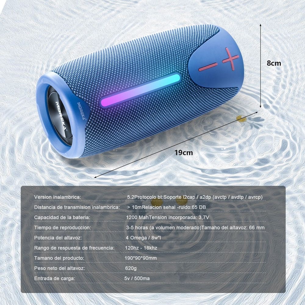 Bocina Bluetooth Moreka 383 RGB Radio FM Resistente al agua IPX6 8W8