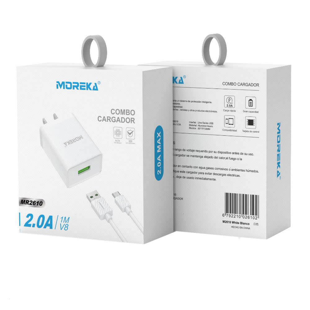 Cargador Moreka MR2610  2.0A Puerto Usb incluye Cable Micro USB V8 1M5