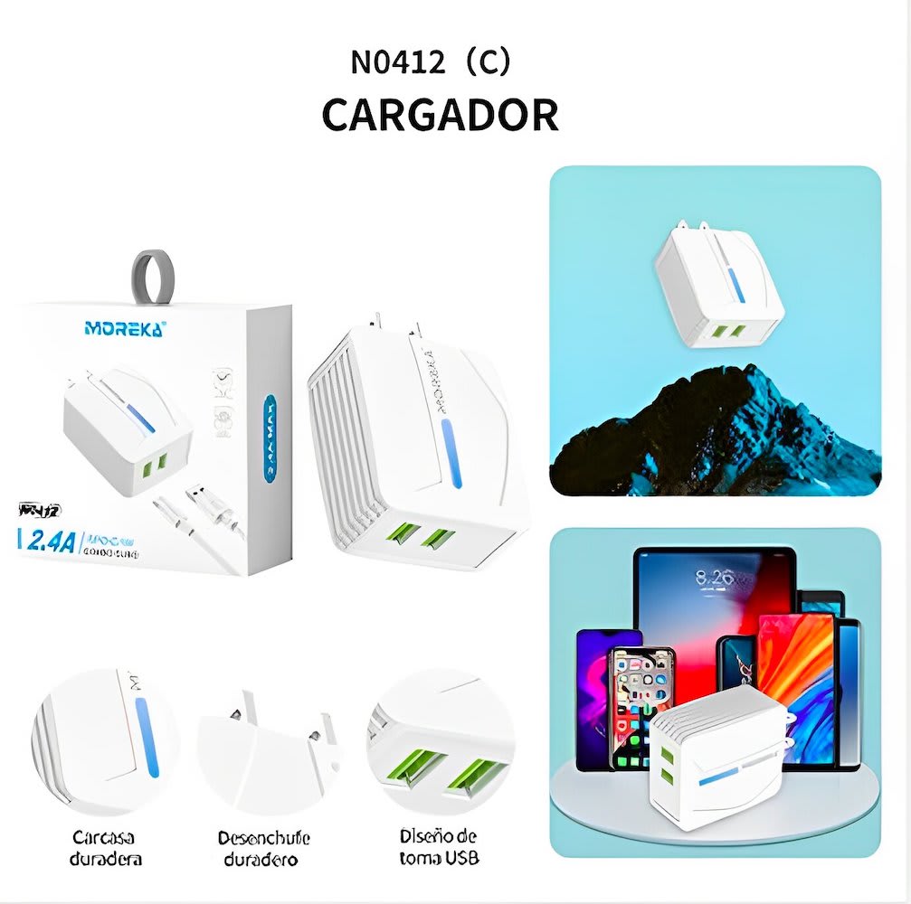 Cargador Moreka N0412 2.4A 2 USB Incluye Cable tipo C 1M5