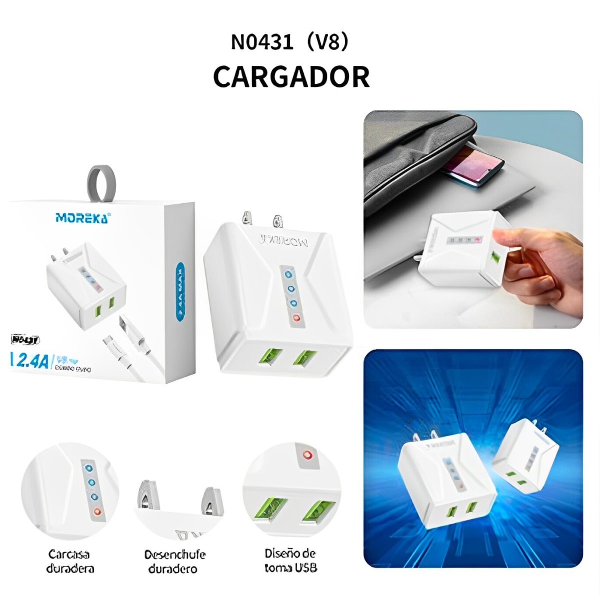 Cargador Moreka N0431 2.4A 2 USB incluye Cable Micro USB 1M5