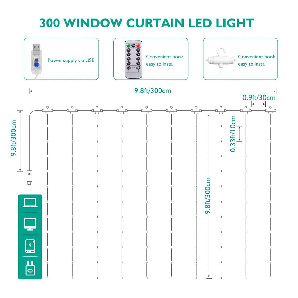 Cortina Serie Luces 300 Led Decorativas Usb 3x3m USB5