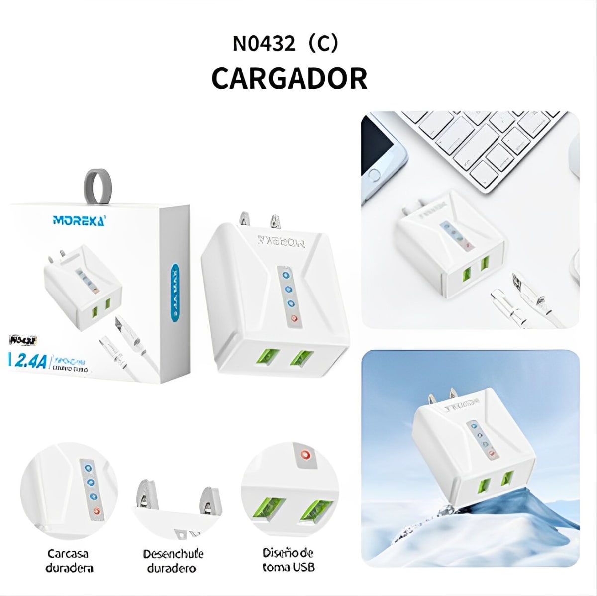 Cargador Moreka N0432 2.4A 2 USB Incluye Cable C 1M5