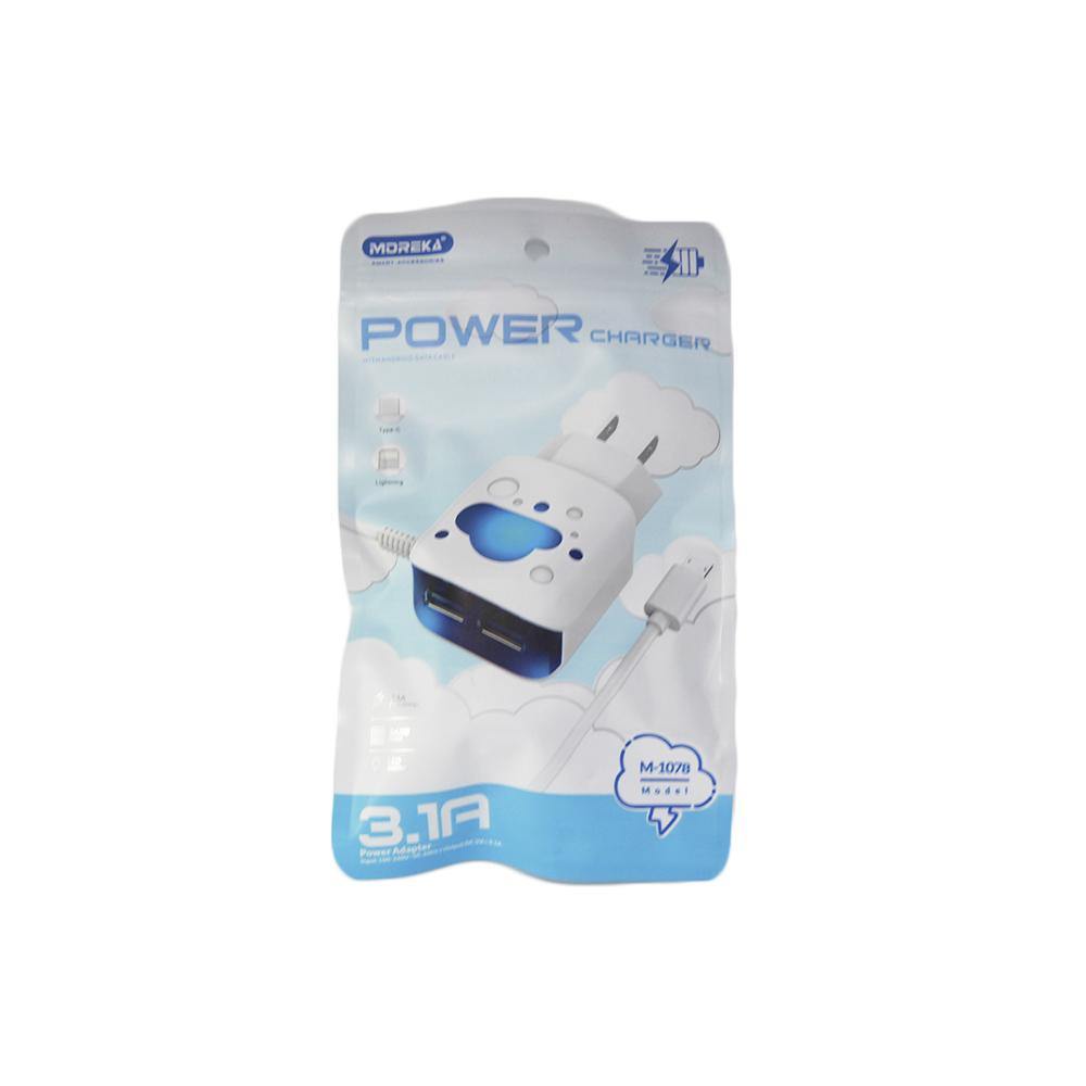 Cargador Moreka M-1078, 3.1 A, 2 Usb Cable Tipo C, Led8