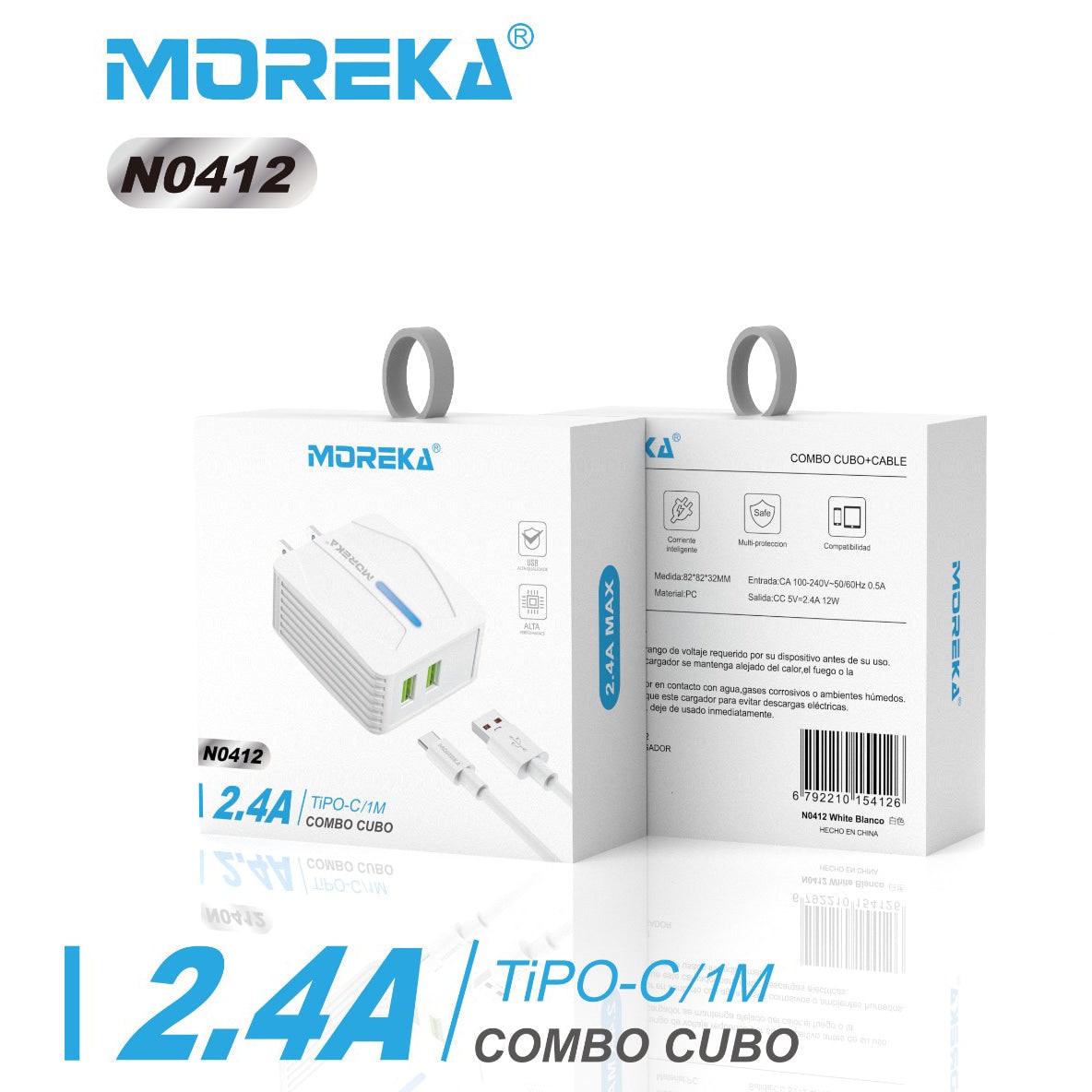 Cargador Moreka N0412 2.4A 2 USB Incluye Cable tipo C 1M6