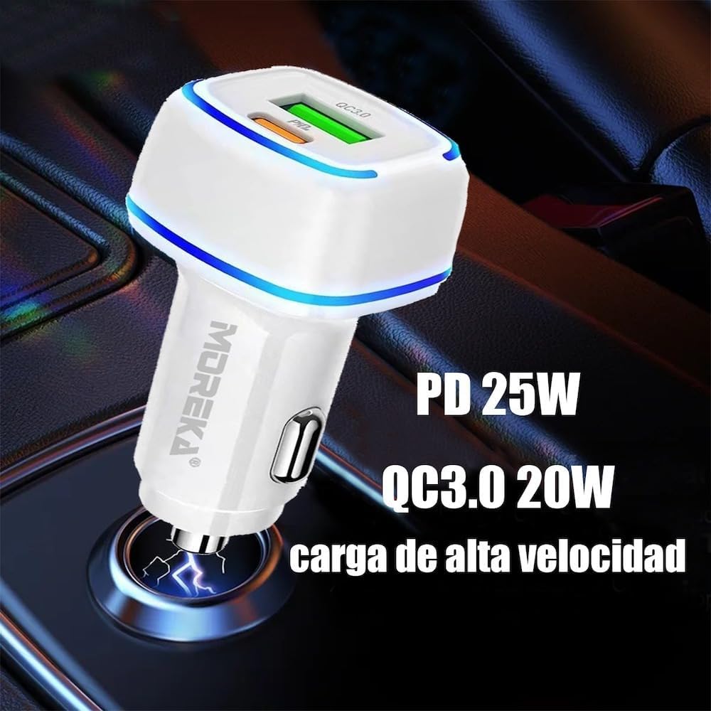 Turbo Cargador De Carro 45W Moreka CP009 PlugIn  puertos USB y C7