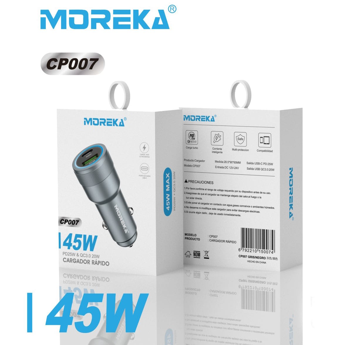Cargador De Carro Moreka CP007 Plug In 45W puertos USB y C 10