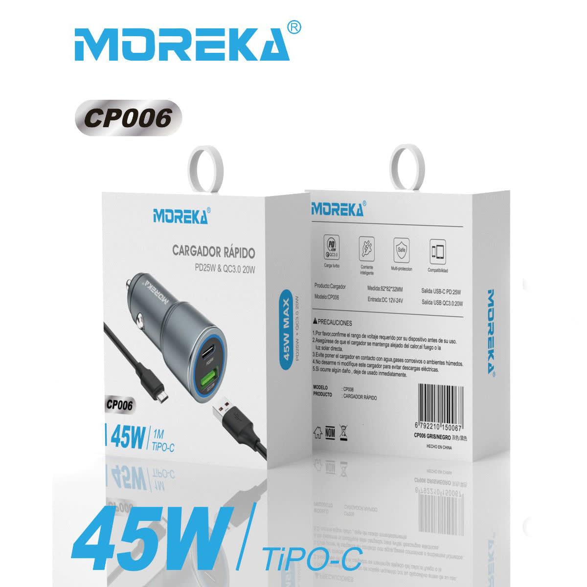 Turbo Cargador De Carro 45W  2 PD25W, QC3.0 20W  Cable 1M Moreka CP006810