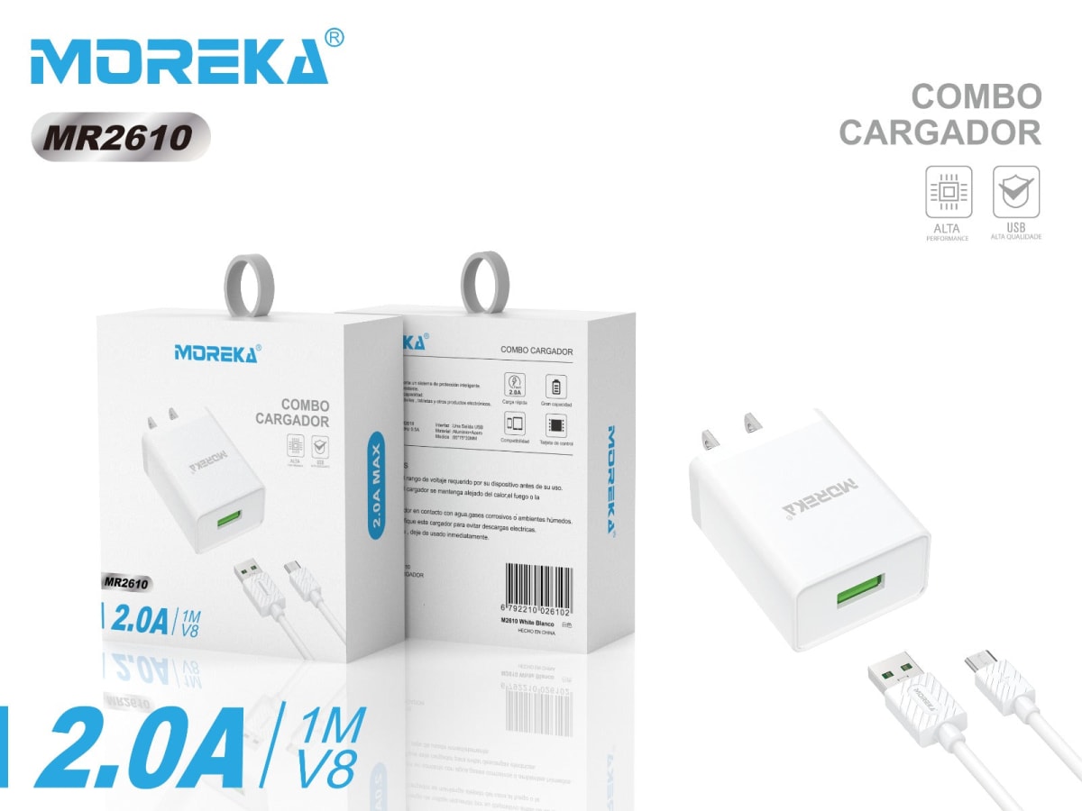 Cargador Moreka MR2610  2.0A Puerto Usb incluye Cable Micro USB V8 1M7