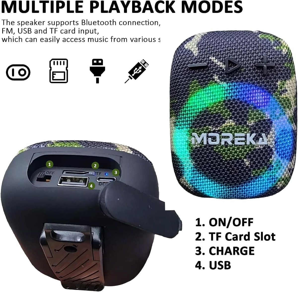 Bocina Moto Bluetooth Moreka W3S TF Card Radio FM Resistente al agua10