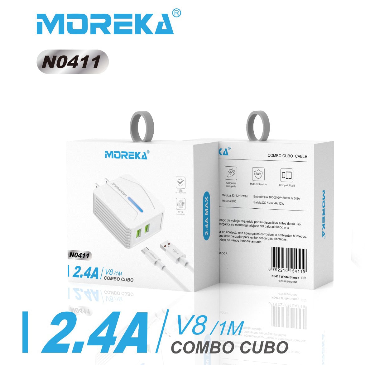 Cargador Moreka N0411 2.4A 2 USB incluye Cable V8 1M12