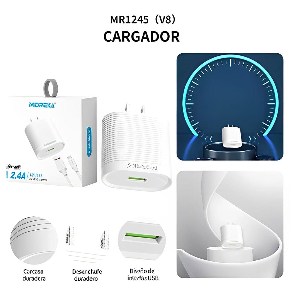 Cargador Moreka MR1245 2.4A Puerto USB incluye Cable Micro USB 1M10