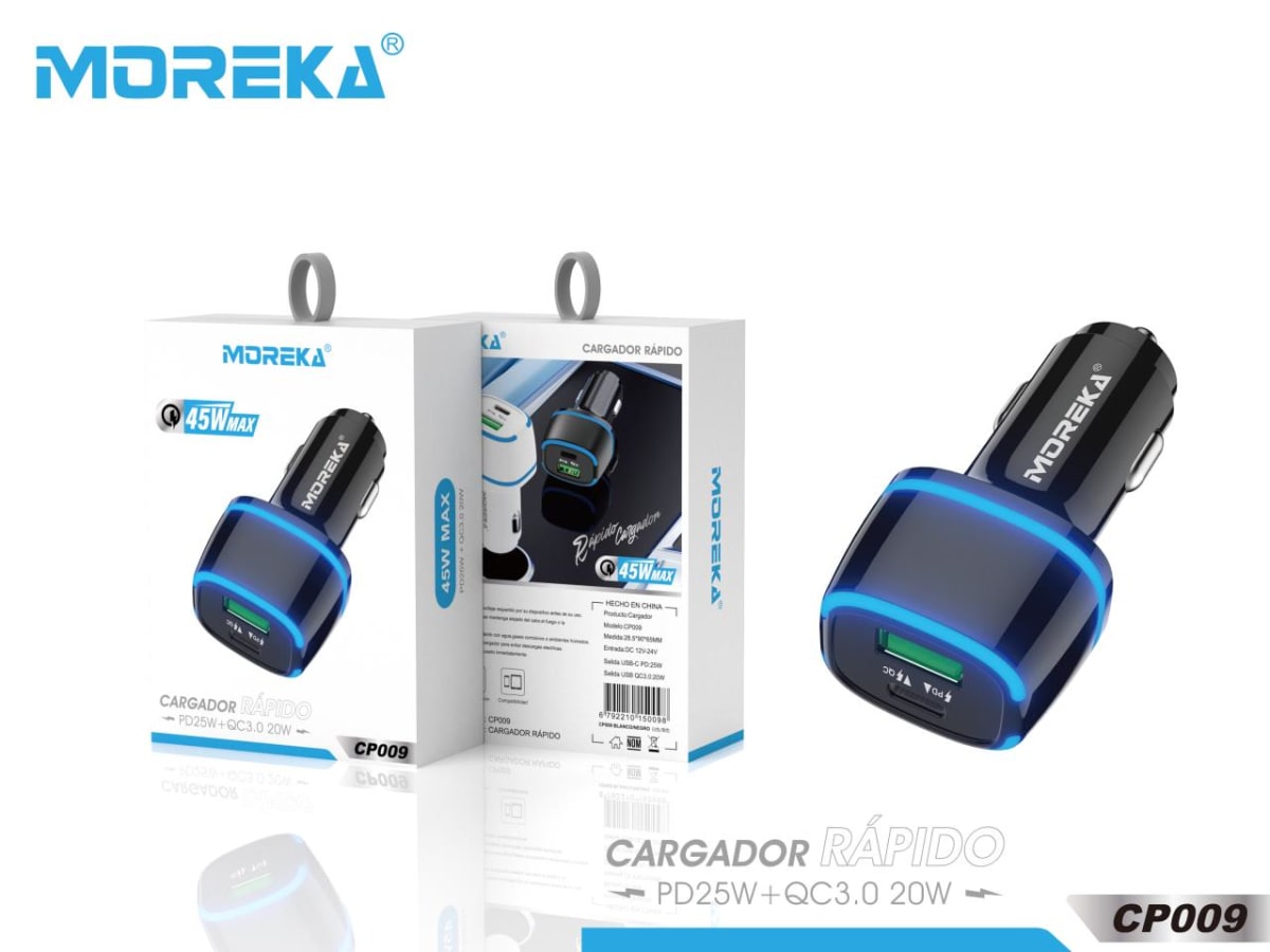 Turbo Cargador De Carro 45W Moreka CP009 PlugIn  puertos USB y C10