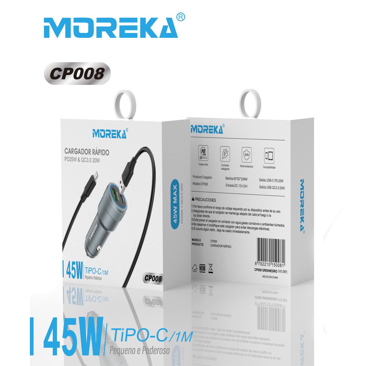 Cargador De Carro Moreka CP008 Plug In 45W USB y Tipo C6