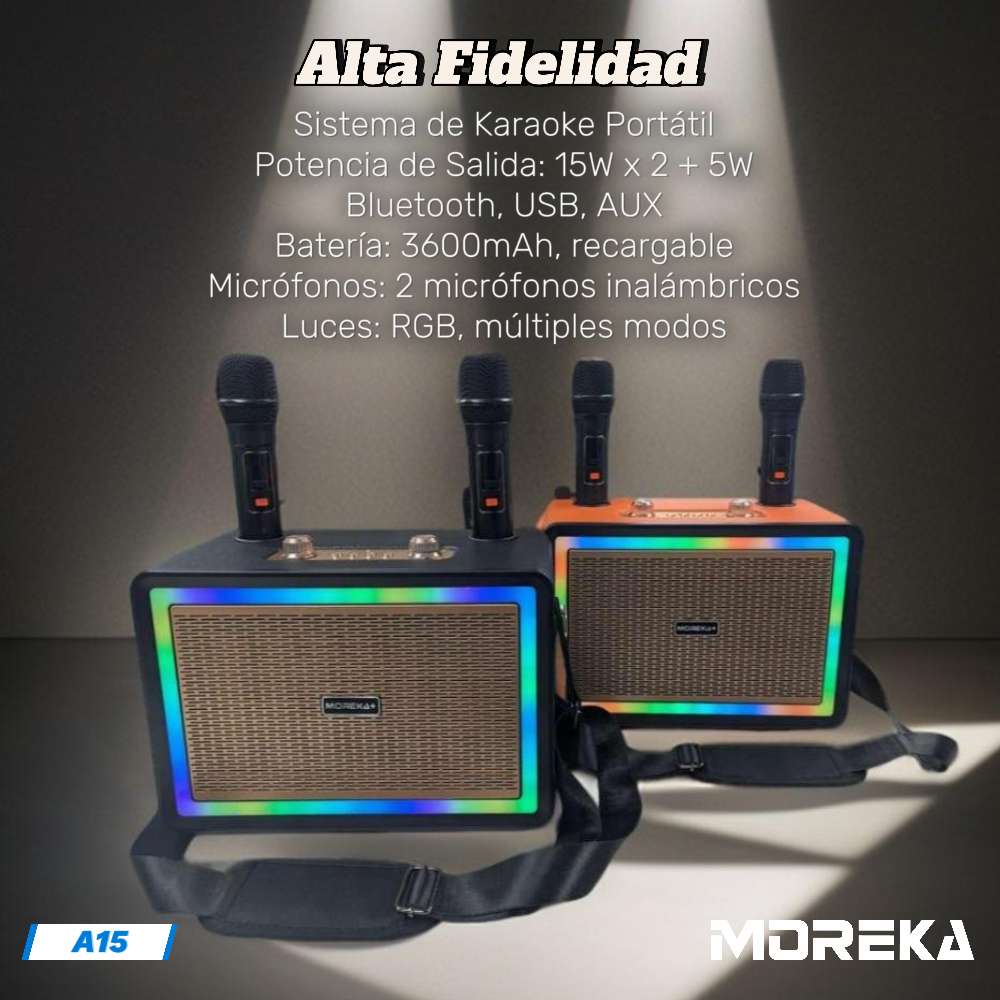 Karaoke Bluetooth FM dual microfonos 30W 3600 mAh RGB Moreka+ A153