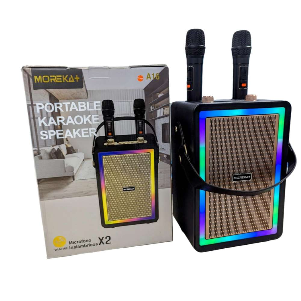 Bocina Karaoke Bluetooth FM dual microfonos RGB Moreka A167