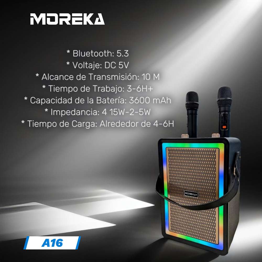 Bocina Karaoke Bluetooth  FM dual microfonos RGB Moreka A164