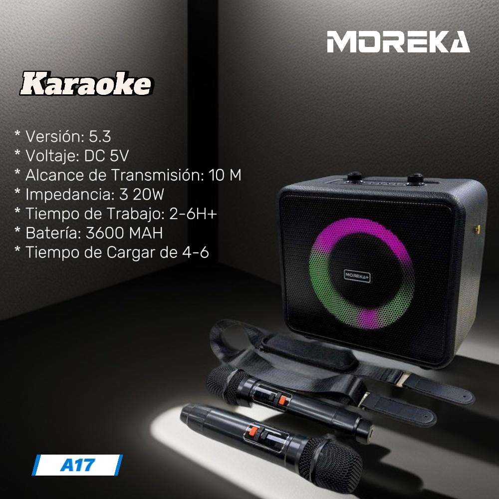 Bocina Karaoke Bluetooth FM dual micrófonos RGB Moreka A173