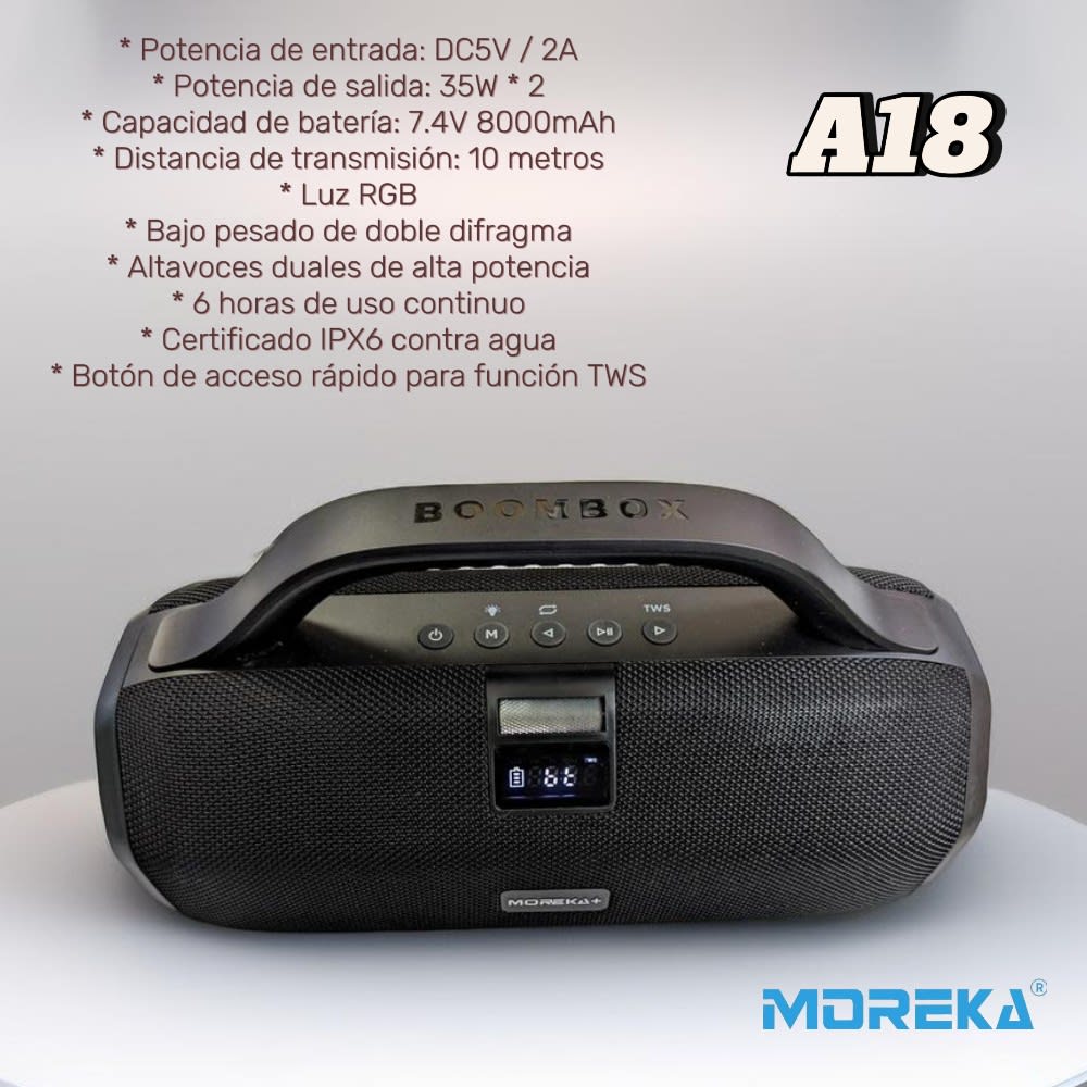 Bocina Moreka+ A18 70W, Bluetooth, TF Card, Radio FM, USB Contra Agua IPX67