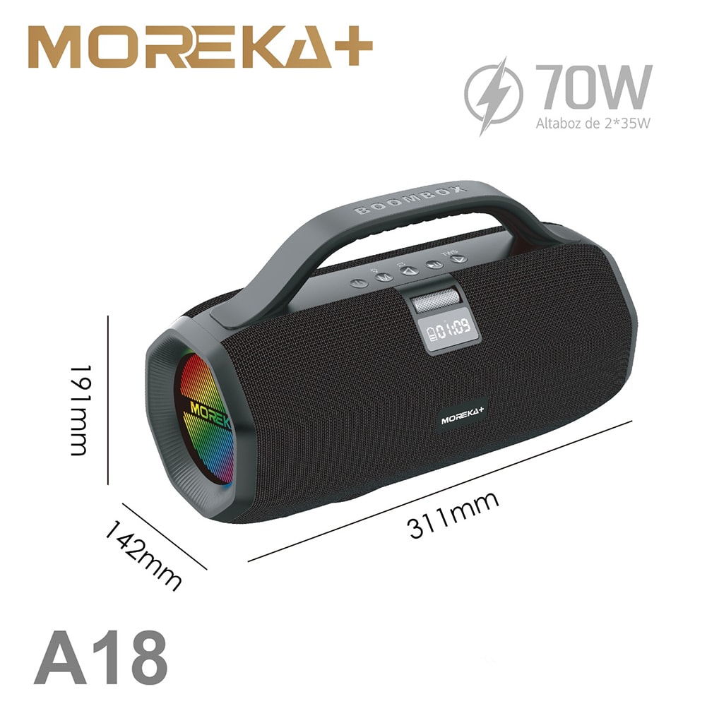 Bocina Moreka+ A18 70W, Bluetooth, TF Card, Radio FM, USB Contra Agua IPX68