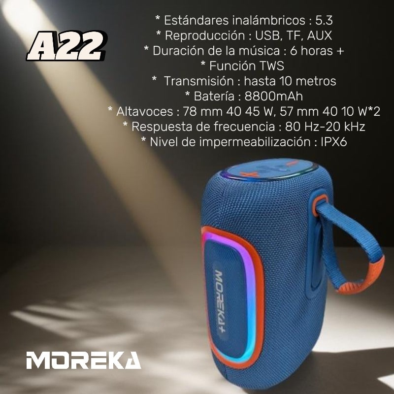 Bocina Moreka+ A22 65W 8800mAh Bluetooth, TF Card, Radio FM, USB Contra Agua IPX62